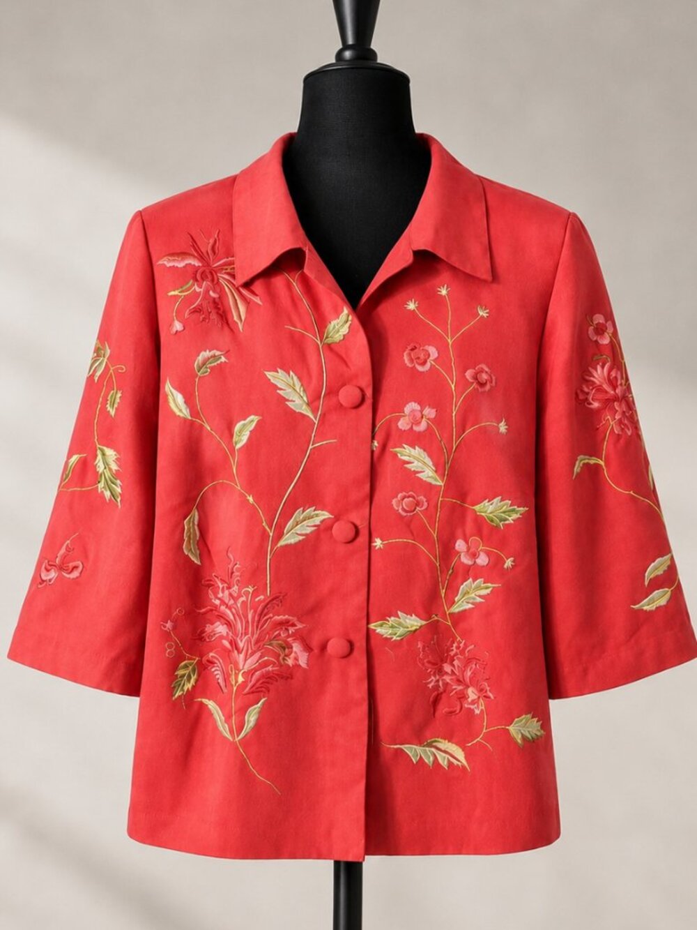 Vintage Maggy London 100% Silk Embroidered Floral Jacket 16 Coral